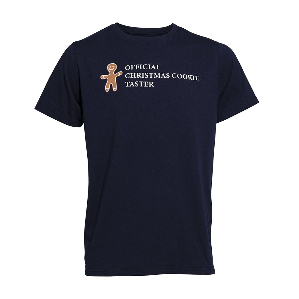 En svart T-shirt med en tårtgubbe på.